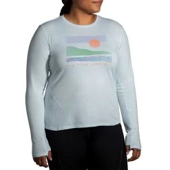 BROOKS Women's Distance Long Sleeve 2.0 - Htr Lt Slate/Run Your Own Way -Sportswear Sales Store 221610 487 MF Distance Long Sleeve 2